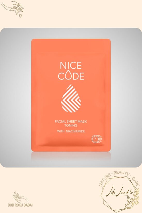NICE CODE tonizējoša auduma sejas maska 24 ml – niacīnamīda bagātināta maska ar aminoskābēm un A vitamīnu
